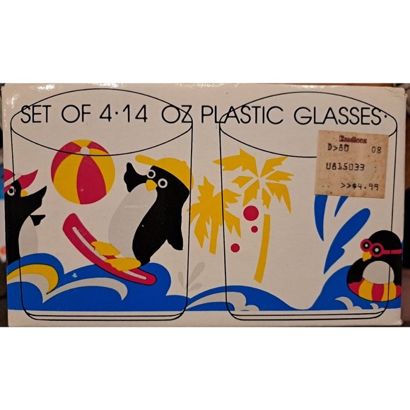 Vintage NIB 4 FUN  Penguin Beach Party POOL Home Style 14 OZ Acrylic Glass Cups - Picture 2 of 14
